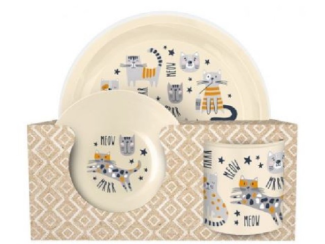 Набор посуды: тарелка с декором D215мм, миска с декором D130мм, кружка 280мл (светло-бежевый)